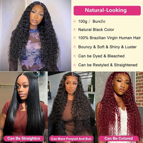 Water Wave Human Hair Bundles Single 32 Inch Brazilian 12A 100% Virgin Double Weft Wet and Wavy Quick Weave for Women, Black Color, 100g