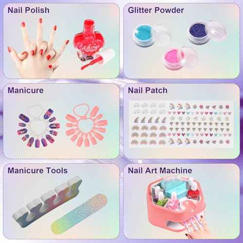 Fostro Unicorn Water-Based Nail Art Kit for Girls 6-12 | Complete Salon Set with Mini Dryer, Press-On Nails & Stickers | Non-Toxic Toy Gift Set (Set)