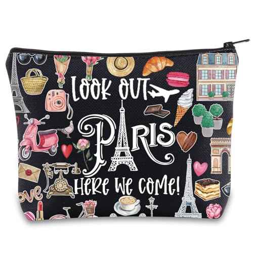 JNIAP Paris Themed Makeup Bag Paris Trip Gifts Paris Travel Bag Paris Toiletry Bag Paris Zipper Pouch Paris Makeup Pouch (look out paris black mb)
