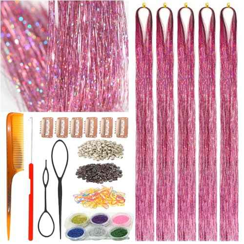 Pink Hair Tinsel with Tools,Fairy Strands Glitter Sparkling Shiny Tensile Hair Accessories for Christmas New Year(48 Inch Pack of 5Pcs, Rouge Pink)