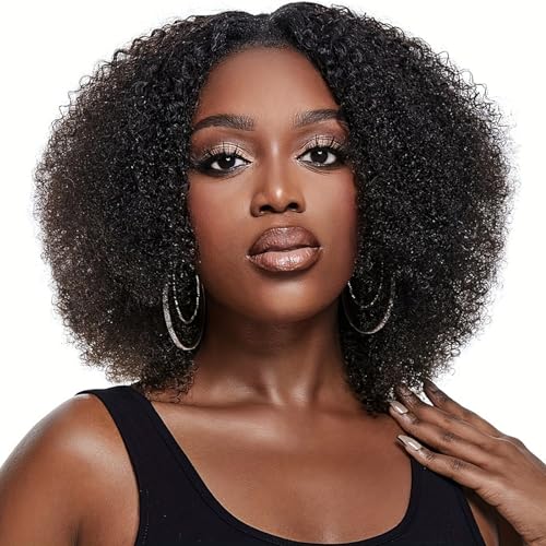 Canaryfly Afro Kinky Curly 3 In 1 Half Wigs Human Hair,200% Density Afro Curly Half Wig With Drawstring Human Hair Kinky Curly Half Wig Seamless Natural Hairline,Flip Over Wig,Beginner Friendly 12inch
