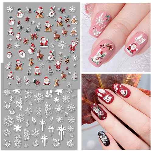 9 Sheets Christmas Nail Art Stickers, Embroidery Nail Sticker Decals for Girl Women, Xmas Tree Santa Claus Nail Stickers for Nail Art Kids Christmas Stocking Stuffers Gifts Decoration Self-Adhesive
