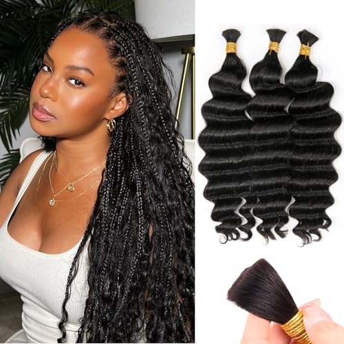 Human Braiding Hair for Boho Braids, 100% Virgin Human Hair No Chemical Processing, Black Bulk Human Hair for Braiding Small Knotless Braids Bohemian Style (Black - Deep Wave, 150g - 16 Inch)