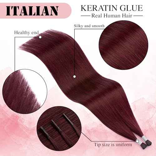 Senmy Burgundy Red I Tip Hair Extensions 20inch Cold Fushion I Tip Hair Extensions Human Hair, 50g Invisible Microbead Extensions Human Hair