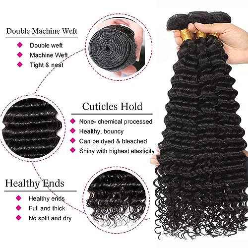 Deep Wave Bundles Human Hair 10A Brazilian Virgin Human Hair Bundles 100% Unprocessed 10 12 14 Inch Water Wave Bundles Double Weft Deep Curly Weave 3 Bundles Natural Color