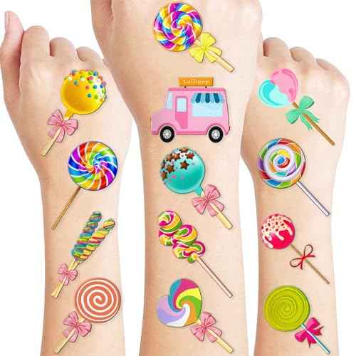 96 PCS Lollipop Candyland Pre-Cut Temporary Tattoos Themed Birthday Party Decorations Favors Supplies Decor Colorful Candy Sweet Xmas Tattoo Stickers Gifts For Boys Girls Class Prizes Christmas