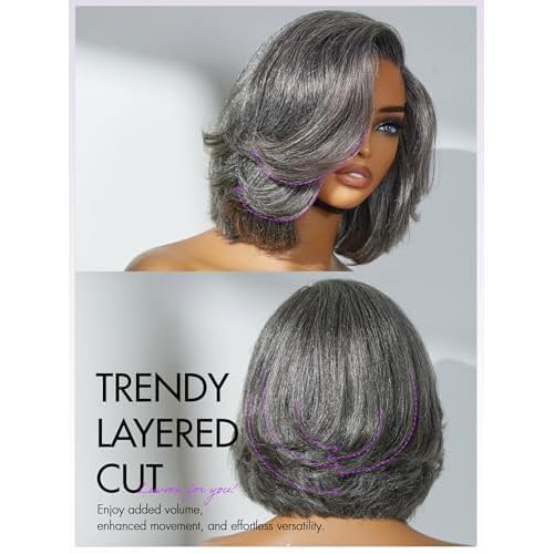 LUVME HAIR Salt & Pepper Layered Bob Glueless Pre-Cut Lace Wig Gray Wigs For Women Short Grey Hair Glueless Bob Wigs Pre Plucked Pre Cut Pixie Cut
