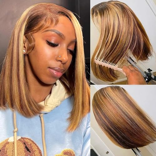 Hihmarm Ombre 4/27 Bob Wig Human Hair Highlight Honey Blonde Lace Frontal Bob Wigs 13x4 Straight Transparent Lace Front Wig Short Wig Human Hair Pre Plucked 14 Inch