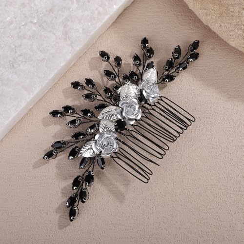 Teyglen Gothic Black Rhinestone Headpiece Vintage Flower Wedding Hair Comb Crystal Bridal Side Comb Flower Leaf Hair Piece Hair Accessories Jewelry for Women (Black)