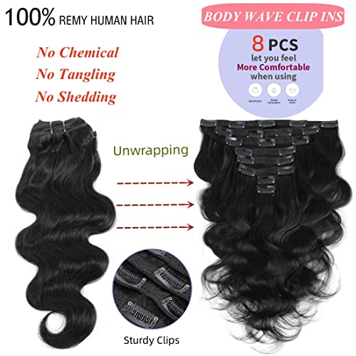 LUMIERE Body Wave Clip In Hair Extensions - Seamless Clip In Hair Extensions Real Human Hair Black Women 120g Grade 10A Brazilian Remy Hair 8Pcs With 20Clips Double Wefts Natural and Soft 26 Inch