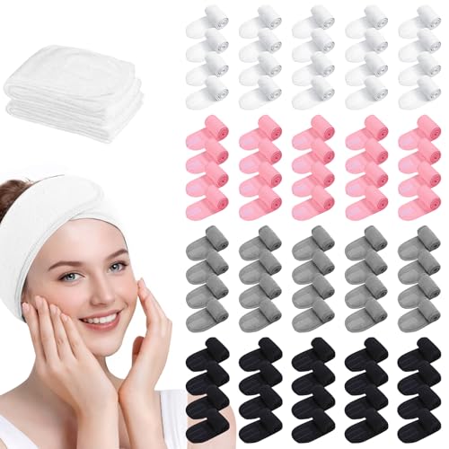 80 Pack Adjustable Spa Headband for Women Non-Slip Facial Hair Wrap (WH&BK&GY&PK, 80)
