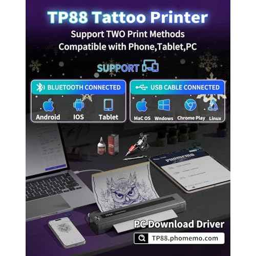 TP88 Wireless Tattoo Transfer Stencil Printer, Thermal Tattoo Machine with 10pcs Free Stencil Paper, Compatible with Smartphone & PC, Portable Printer for Artists & Beginners, Gray