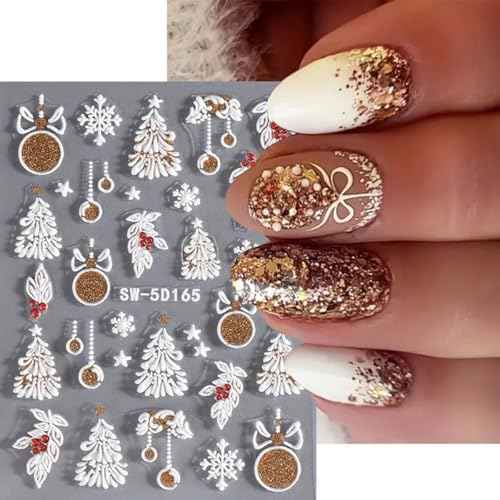 Christmas Nail Art Stickers Decals 5D Embossed Glitter Gold Xmas Nail Decals 3PCS Xmas Tree Lantern Ball Christmas Nails Adhesive Sticker Elk Snowflake Winter Manicure Supply for Nail Art Decorations