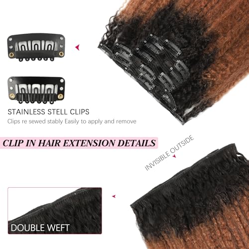 Kinky Straight Ombre Clip in Hair Extensions Real Human Hair Natural Black to Medium Auburn Kinky Straight Clip ins for Black Women Double Weft Hair Extensions 7Pcs 120g 18 Inch 1BT30
