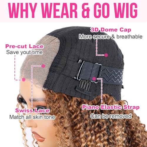 16 Inch Highlight Blonde Wear and Go Glueless Curly Bob Wig Human Hair Pre Plucked, 4/27 Water Wave No Glue wigs,Pre cut HD Lace Front Wigs Human Hair for Women 200% Density