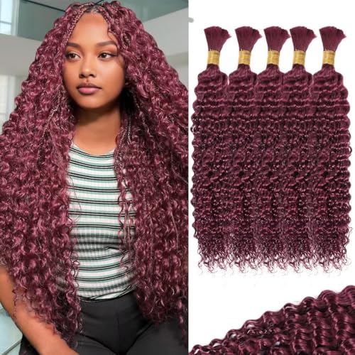 160g 5 Bundles 99j Red Burgundy Human Braiding Hair 16 Inch Deep Water Wave Bulk Human Hair for Braiding No Weft 12A Brazilian Virgin Curly Human Hair Extensions for Boho Braids