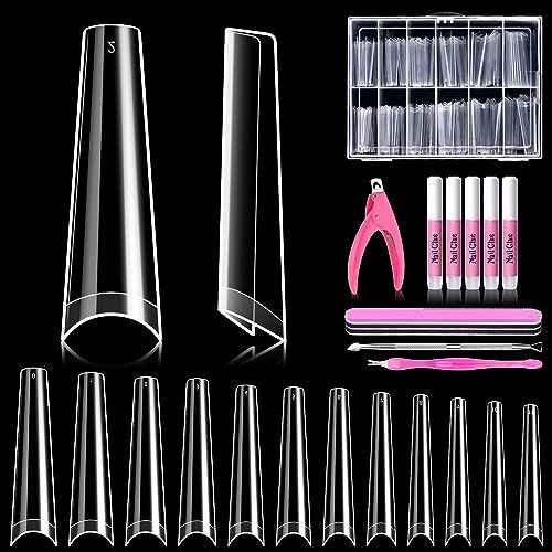 MORGLES 240 Pcs Half Cover Coffin Nail Tips Clear Acrylic Extra Long False Nail Tips with Glue, Clipper, Files and Cuticle Fork for Salons and Home DIY