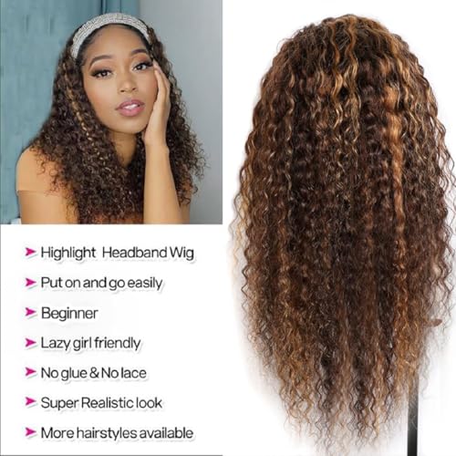 Highlight Deep Wave Wigs Human Hair 20 Inch Ombre Curly Headband Wig Human Hair Wigs for Black Women Human Hair Non Lace Front Wigs Brazilian Virgin Hair Brown Glueless Wear and Go Wigs Blonde