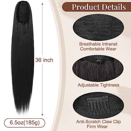 FLUFYMOOZ ponytail extension, 36 Inch Long Straight Drawstring Ponytail Synthetic Hairpieces Fake Pony Tails Natural Soft Clip in Hair Extension ponytail for Women (Jet Black)