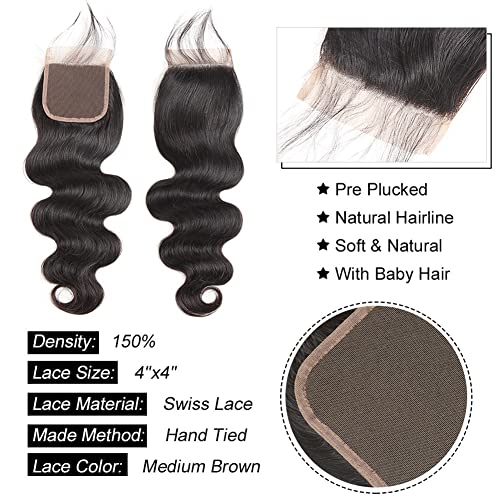 Body Wave Bundles with Closure (12 14 16+10£¬Free Part) Brazilian Virgin Hair Weave Bundles with Lace Closure Body Wave Human Hair Bundles and Closure Hair Weft Natural Color for Black Women
