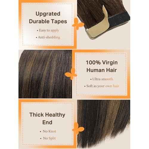 DOORES Tape in Hair Extensions Human Hair, Balayage Dark Brown to Chestnut Brown 50g 20pcs 18 Inch, Human Hair Extensions Natural Remy Straight Hair Skin Weft