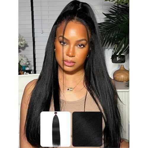 KLAIYI Yaki Straight Bundles Human Hair Weaves Unprocessed Real Virgin Hair Sew In Extensions One Bundle Of 16Inch, 12A Kinky Straight Double Wefts for Women Cllip In Light Yaki Natural Black Color