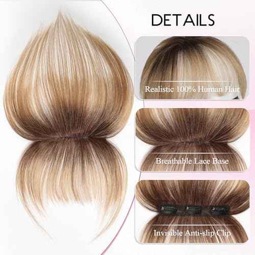 EMMOR Clip in Bangs, 100% Human Hair Bangs with 3 Non-slip Clips, 360¡ÆCover Top HairPieces with 5 inch Wispy Fringes for enhancing Women's Facial Features(Ombre Ash Blonde)