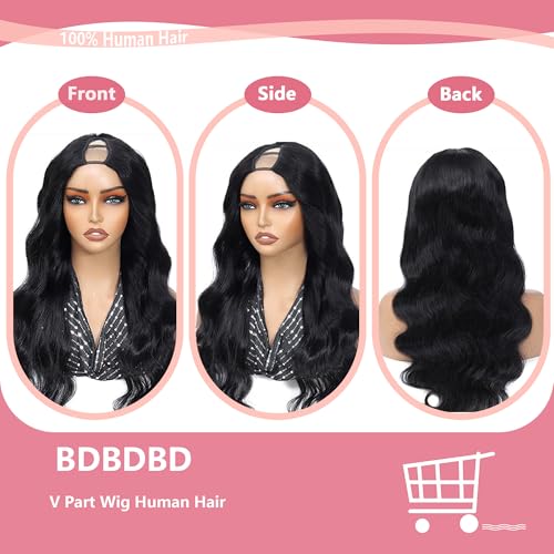 V Part Wig Human Hair Body Wave 100% Real Human Hair Upgrade U Part Human Hair Wig 180% Density Beginner Friendly Natural Color (20 inch)
