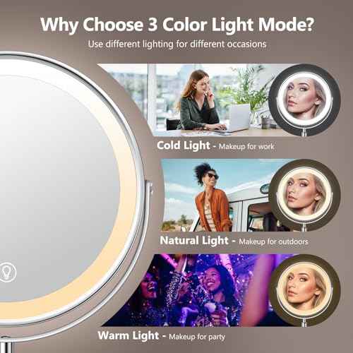 Lighted Makeup Mirror, Rechargeable Height Adjustable Double Sided, 1x/10x Magnifying with 3 Color, Brightness Adjustable, 360¡Æ Rotation Vanity, Gift for Women
