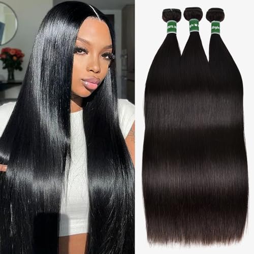 Straight Bundles Human Hair 18 20 22 Inch Straight Human Hair Weave 3 Bundles Silky Hair Bundles 10A 100% Unprocessed Brazilian Virgin Hair Bundles Deals Natural Black Bundles