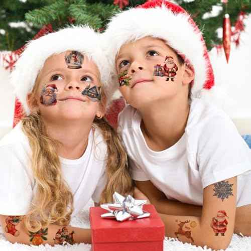 Glitter Christmas Temporary Tattoos for Kids - 74 Individually Sheets for Xmas Party Favors, Stocking Stuffer, Christmas Eve Gift