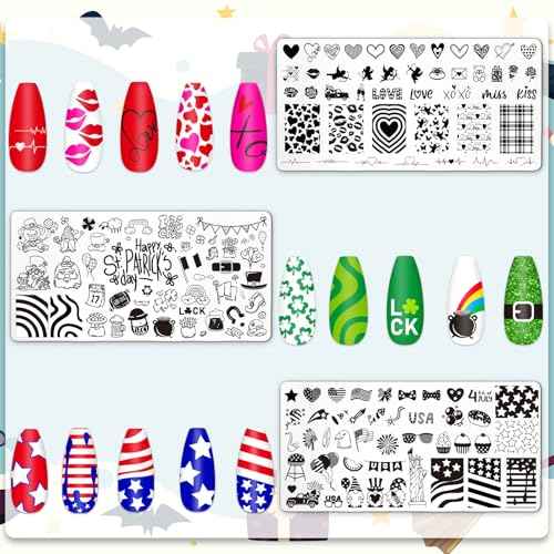 Whaline 6Pcs All Holiday Nail Art Plates Valentines StampTemplates Set Winter Christmas Fall Nail Plates Stamping for Xmas DIY Print Manicure Salon Design Gift