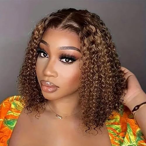 Glueless Wigs Human Hair Pre Plucked Pre Cut 4/27 Highlight Ombre Honey Blonde Curly Bob Wig for Beginners 4x4 Deep Wave Lace Closure Glueless Wigs for Black Women 14 Inch