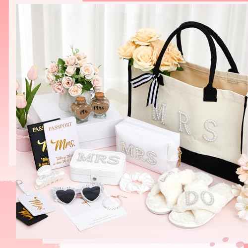 14 Pcs Bridal Shower Gifts Set Including Mrs Mr Travel Passport Tag Tote Cosmetic Bag Jewelry Box Claw Hair Clip Hair Tie Heart Sunglasses for Honeymoon Wedding Supplies(Women 9-10)