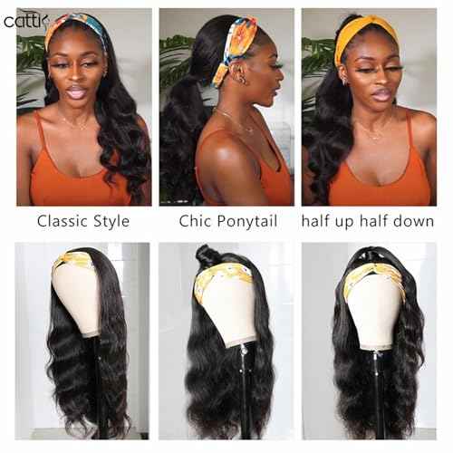 catti Headband Wig Human Hair Body Wave Headband Wigs Glueless None Lace Front Wigs Human Hair Brazilian Virgin Hair Machine Made Half Wigs for Black Women 150% Density (16" Headband wigs)