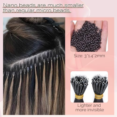 SEGO Nano Bead Hair Extensions Human Hair, 1g/s 50g/pack 20 Inch Nano Ring Hair Extensions, Highlight, Add Volume and Length, Nano Tip Hair Extensions for Women Medium Brown