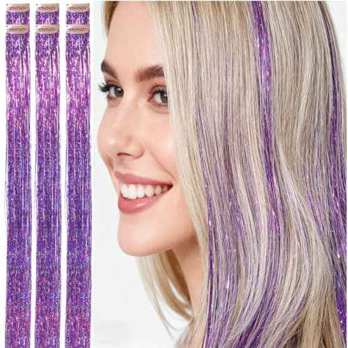Clip In Purple Tinsel Hair Extensions Kit Glitter Strands Clip In for Girls Women Fairy Hair New Year Party Halloween Festival Gift