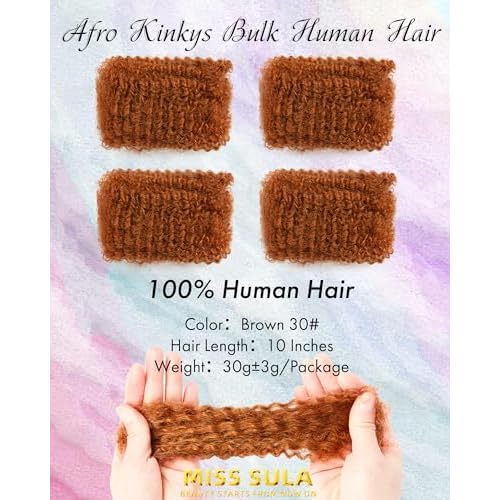 Afro Kinkys Bulk Human Hair Extensions,Kinky-Curly Real Human Hair for Dreadlocks/Locs Repair, Twist & Braid, Crochet Human Braiding Hair Bundles, Natural Brown, 10 Inches 4 Packs,30#