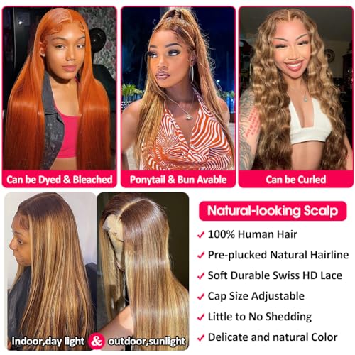 Flady Highlight Ombre Lace Front Wig Human Hair Pre Plucked Glueless HD Lace Frontal Wig 4/27 Straight Wigs Human Hair Ombre Brown Blonde Wig 150Density