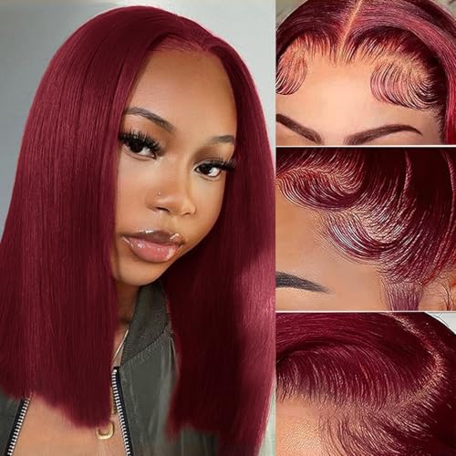 12 Inch Bob Wig Human Hair - Burgundy 13x4 HD Lace Front Wigs Human Hair for Black Women, 180% Density, Natural Hairline, Straight Short Glueless Wigs Human Hair Pre Plucked Pre Cut Bob