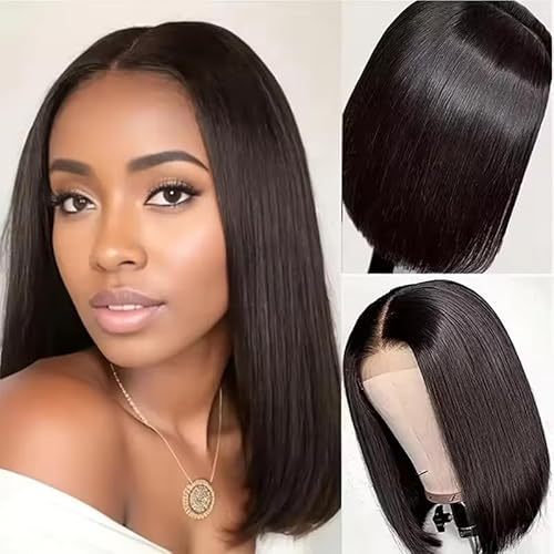 Bob Wig Human Hair 180% Density 13x4 HD Transparent Lace Front Wigs Human Hair Pre Plucked Short Bob Glueless Straight Wigs Human Hair for Women Natural Black 16 Inch