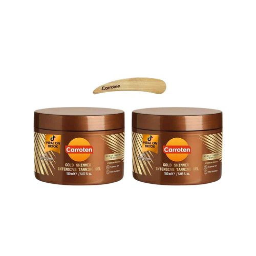 Carroten Gold Shimmer Intensive Tanning Gel Browning Tan Accelerator | Non-Greasy, Water-Resistant with Carrot and Coconut Oil | Vitamin A & E For Moisture & Hydration | 5 Fl Oz (Pack of 2) + Spatula