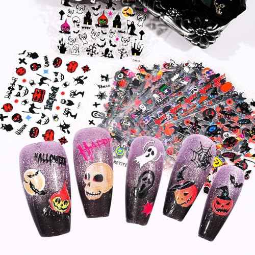 5000Pcs Holiday Nail Art Stickers, Halloween & Christmas Nail Decals 3D Self-Adhesive Santa Claus Snowflake Elk for Xmas Pumpkin Design Sticker for Women Girls DIY Nail Art Decorations