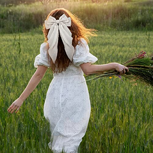 Big Bow Hair Accessories 2pcs - Long Tail French Red Beige Barrettes for Women and Girls, Soft Dress Up Decor for Birthday, Bachelorette Party, Christmas, Thanksgiving, Wedding