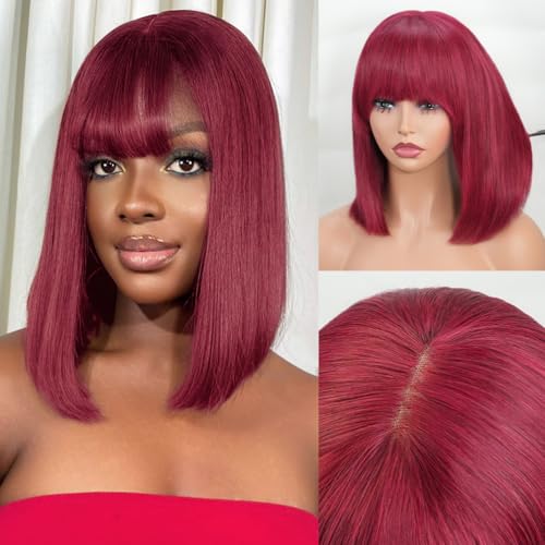 Bob Wig with Bangs Human Hair 200 Density Short Glueless Wigs Ready to Go Straight Bob Bangs Wig for Women Burgundy 12 Inches