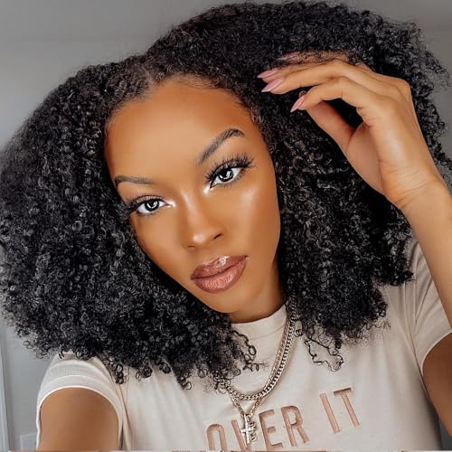 V Part Wig Human Hair Afro Kinky Curly Wig No Leave Out Brazilian Human Hair Wig For Black Women Beginner Friendly 200% Density Upgrade U Part Kinky Curly Wigs 14Inch