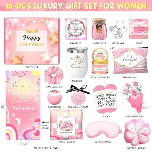 Birthday Gifts for Women, Happy Birthday Gifts Basket for Women Self Care Gift Get Well Soon Gifts, Rose Relaxing Spa Gift Basket with Beach Towel, Woman Birthday Gift for Sister Coworker Her Bestie
