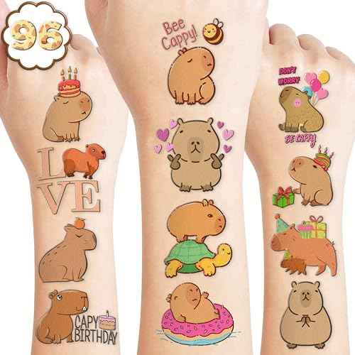 Capybara Mouse Temporary Tattoos 8 Sheets 85PCS Mouse Party Decorations Supplies Favors Animals Theme Birthday Cute Stickers Christmas Gifts for Boys Girls Class School Prizes Carnival