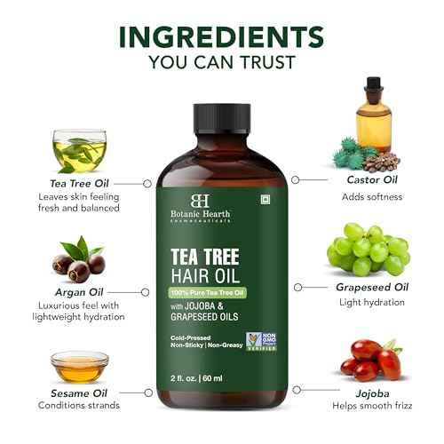 Botanic Hearth 100% Pure Tea Tree Oil For Hair Growth | Infused with Jojoba & Grapeseed Oils | Hair Oil Repairs Dry Damaged Hair, Strengthening, Healthier - Hair Tonic, 2.0 fl oz