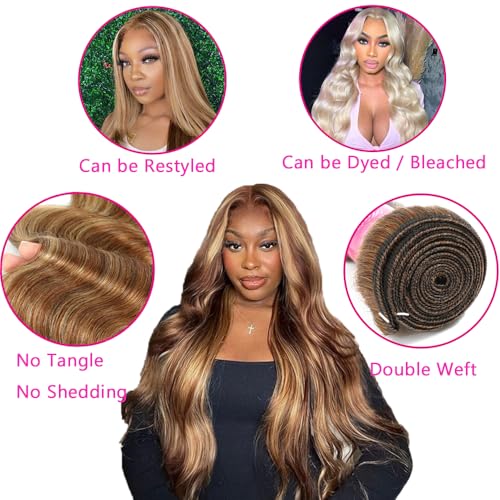 P4/27 Human Hair Highlight Honey Blonde Body Wave Bundles 100% Unprocessed Brazilian Virgin Hair Ombre Brown Highlight Body Wave 3 Bundles for Black Women